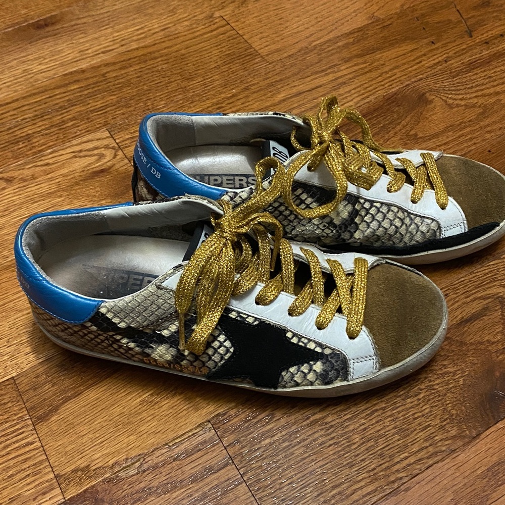 Golden Goose Snake Print Sneakers with Gold and Black Accents